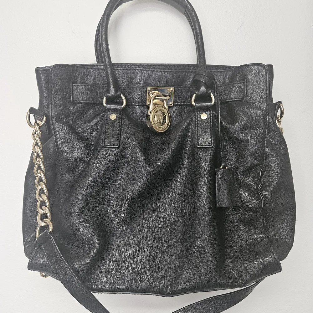 Michael Kors Black Leather Hamilton Large North South Tote with Gold Accents